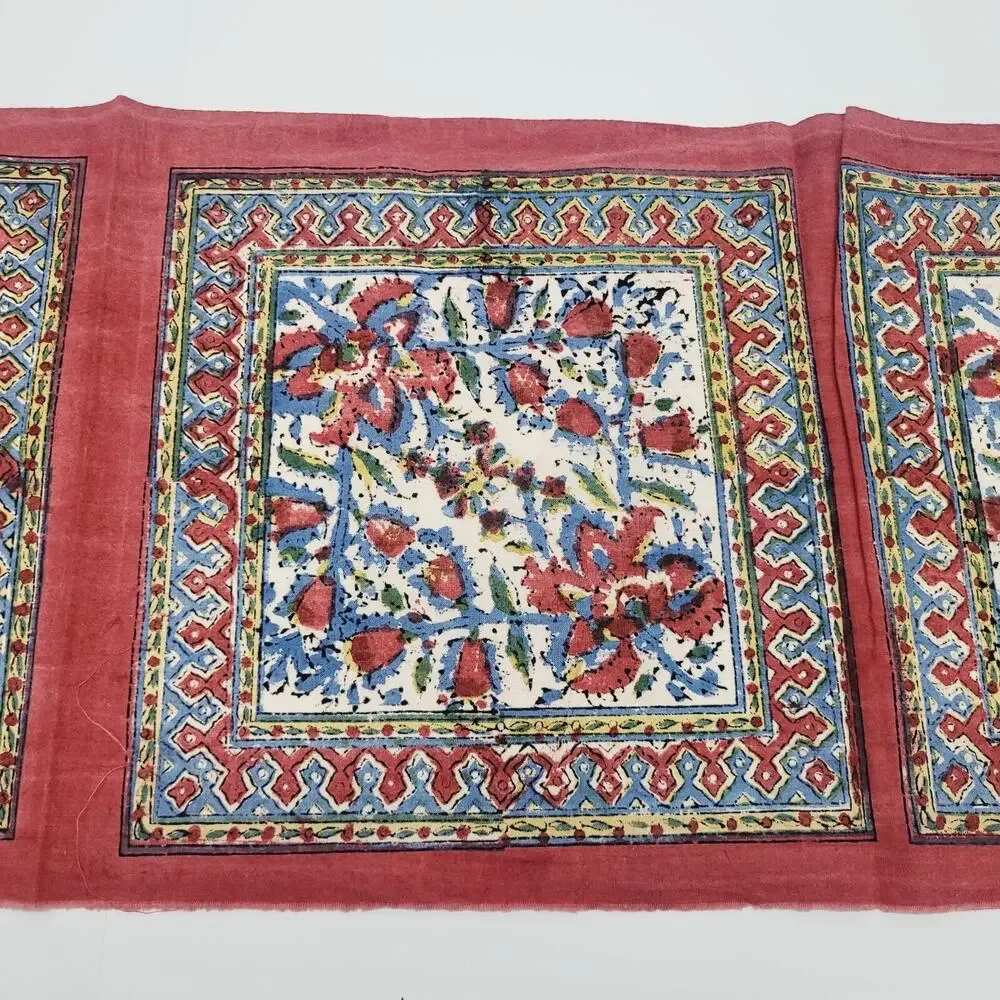 Vintage Turkish Red Maroon Mandala Flower Fabric Panels 4 Connected Turkey Made